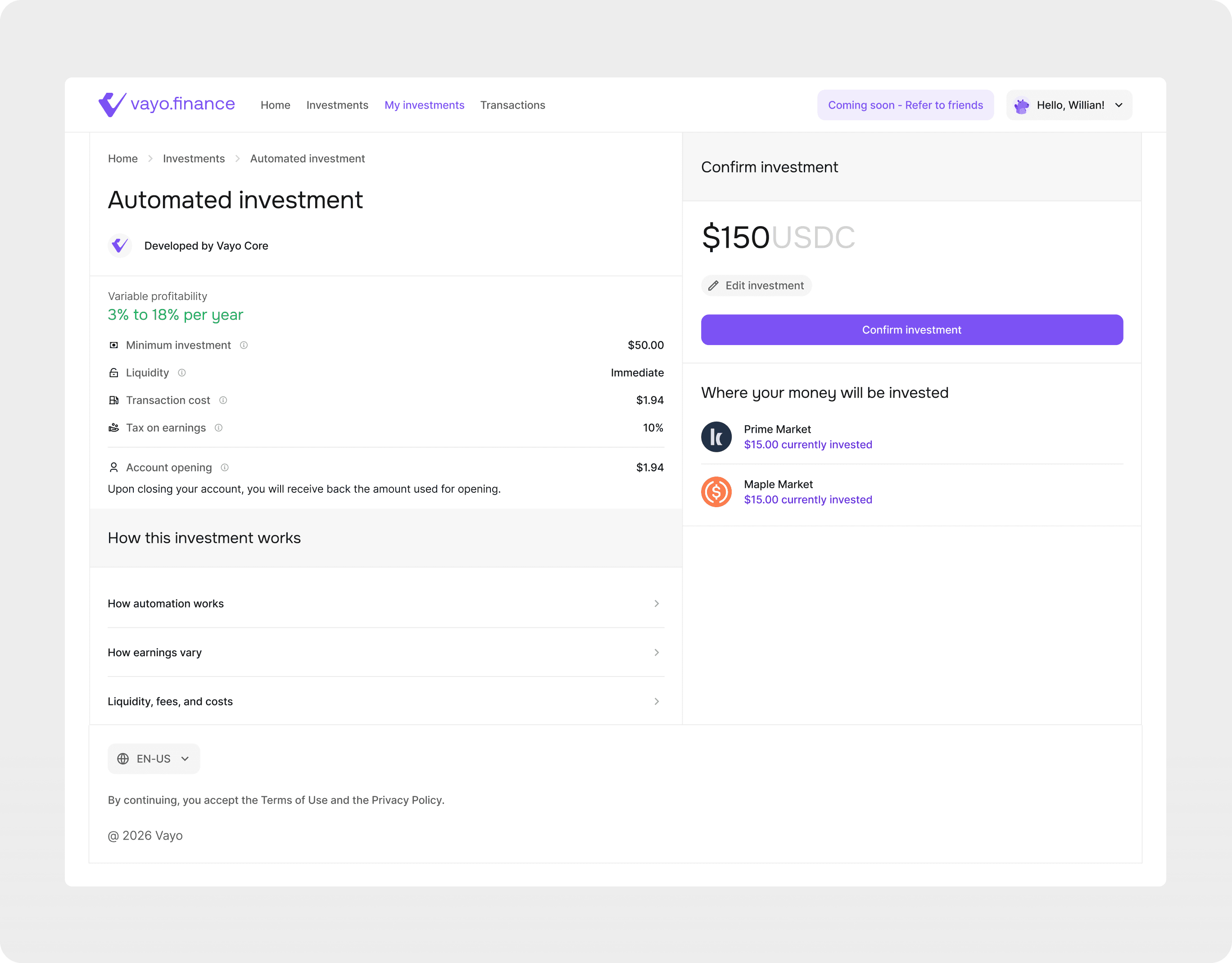 Automated investment confirmation