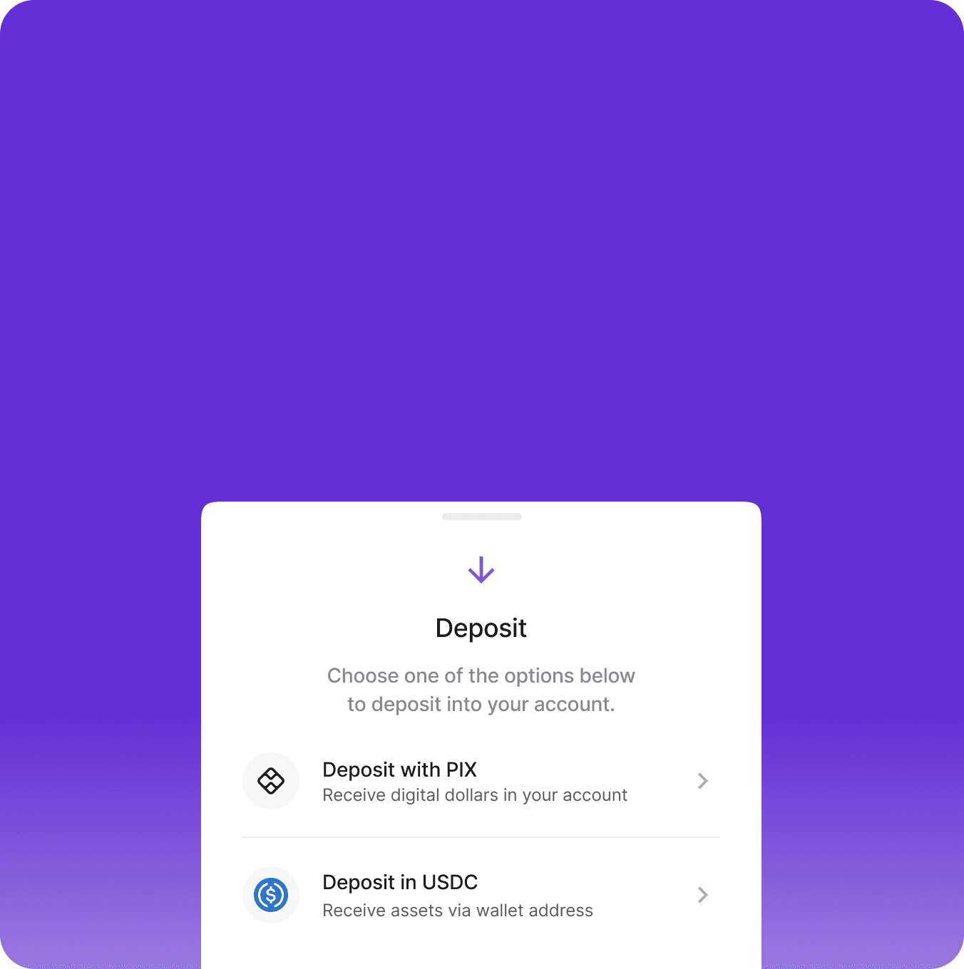 Deposit drawer — PIX and USDC
