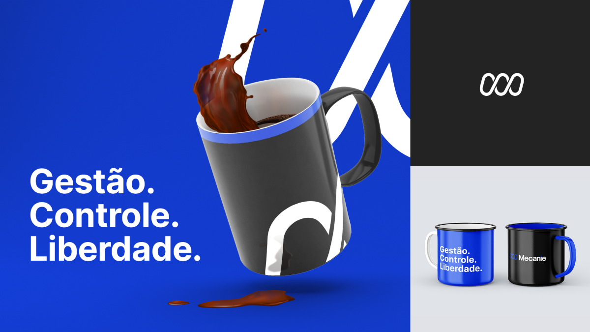 Mecanie branding — mugs and slogan